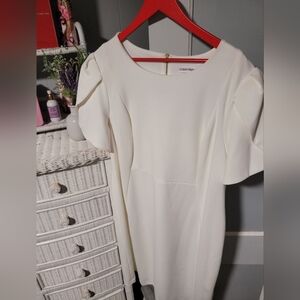 Calvin Klein White Sheath Dress with Flutter Sleeves
